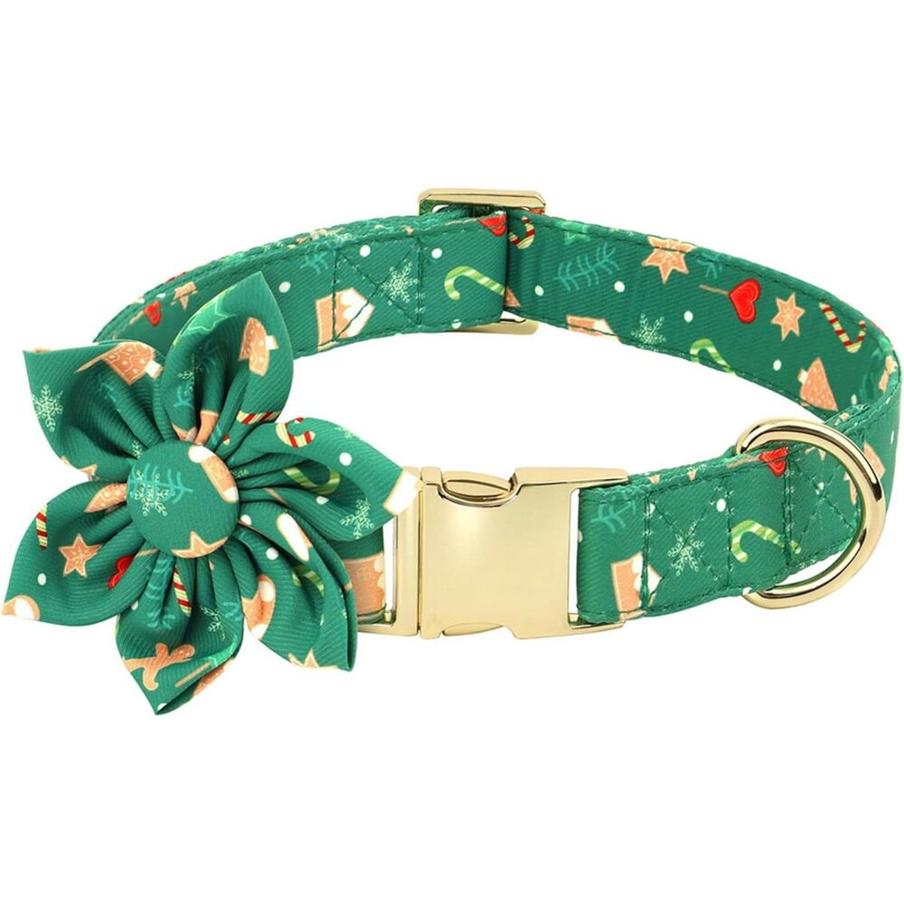 Beirui Adjustable Christmas Dog Collar with Flower for Dogs- Green Large